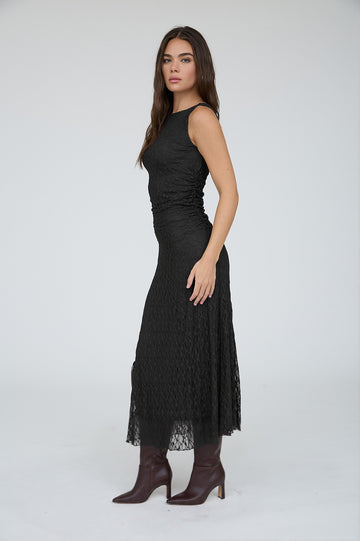 Black Lace Ruched Midi Tank Dress