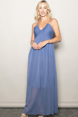 Dusty Blue Crinkle Chiffon V-Neck Maxi Dress