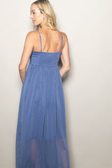 Dusty Blue Crinkle Chiffon V-Neck Maxi Dress