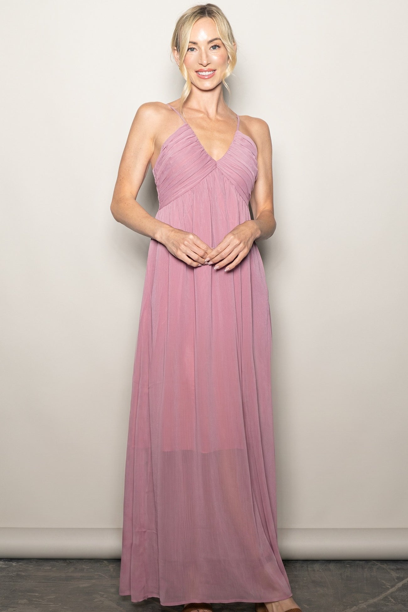 Mauve Crinkle Chiffon V-Neck Maxi Dress