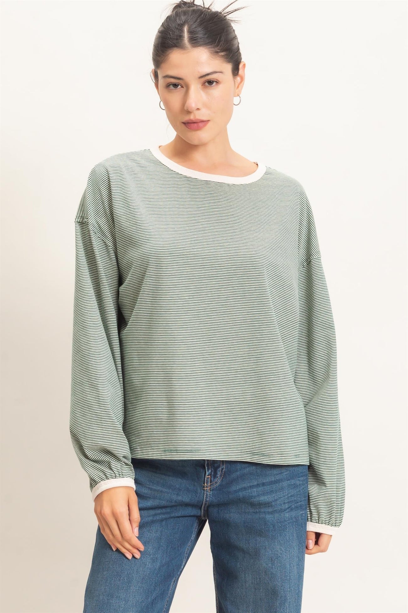 Green Striped Boat Neck Long Sleeve Maternity Top