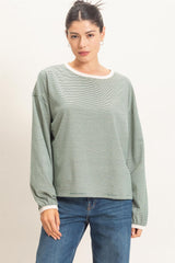 Green Striped Boat Neck Long Sleeve Maternity Top