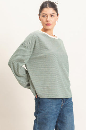 Green Striped Boat Neck Long Sleeve Top