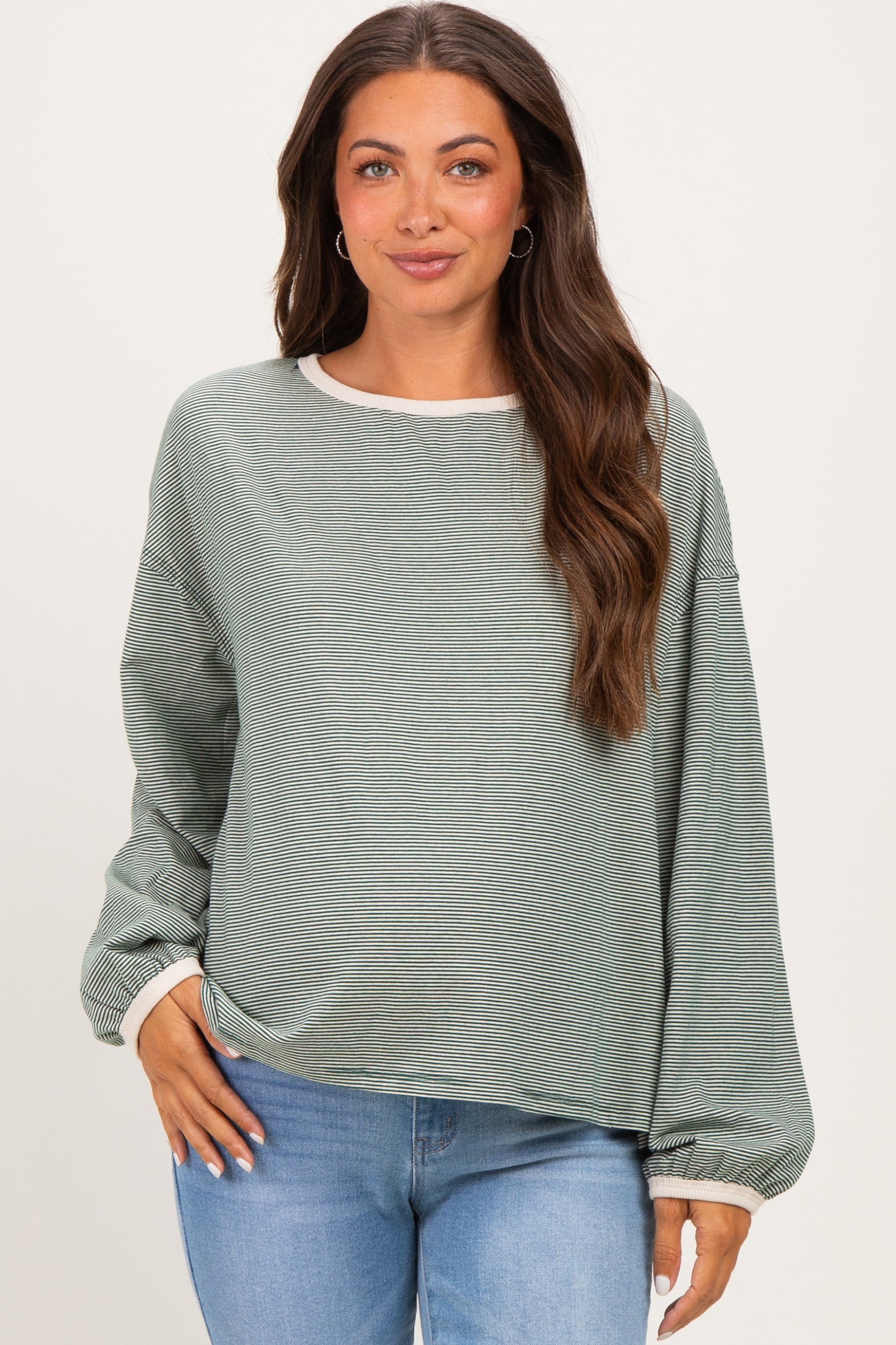 Green Striped Boat Neck Long Sleeve Maternity Top