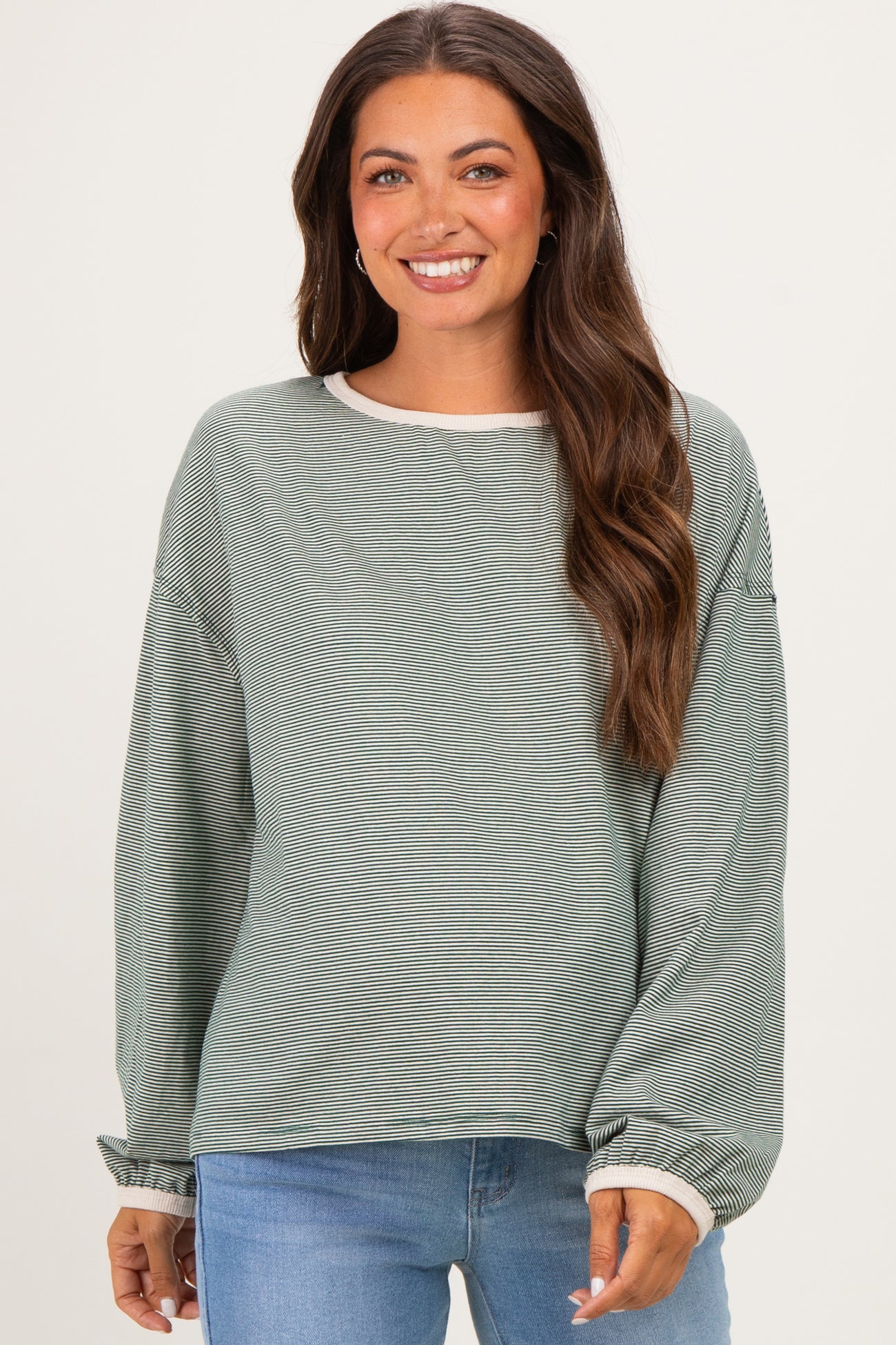 Green Striped Boat Neck Long Sleeve Maternity Top