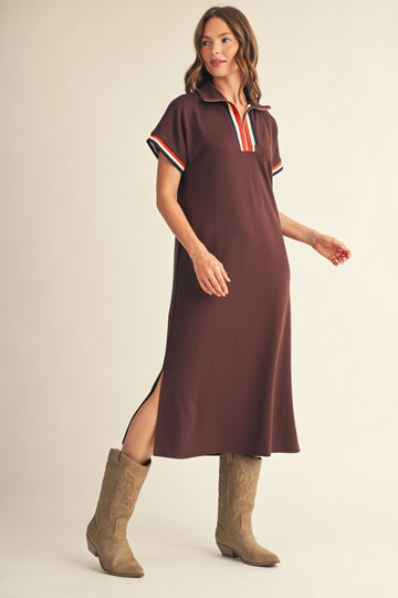 Brown Color Rib Band Trim Side Slit Midi Dress