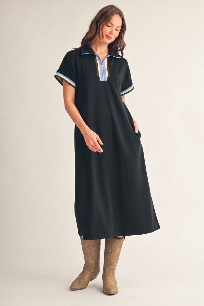 Black Color Rib Band Trim Side Slit Midi Dress