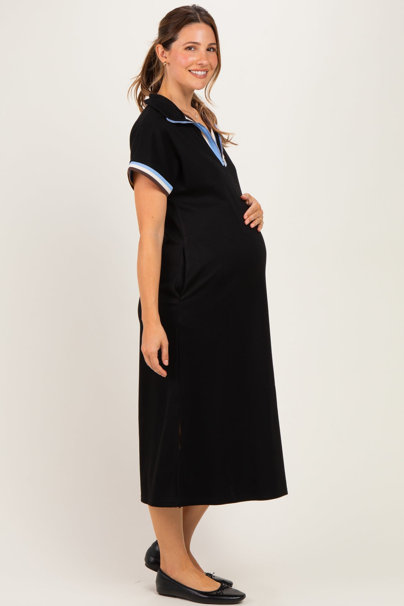 Black Color Rib Band Trim Side Slit Maternity Midi Dress