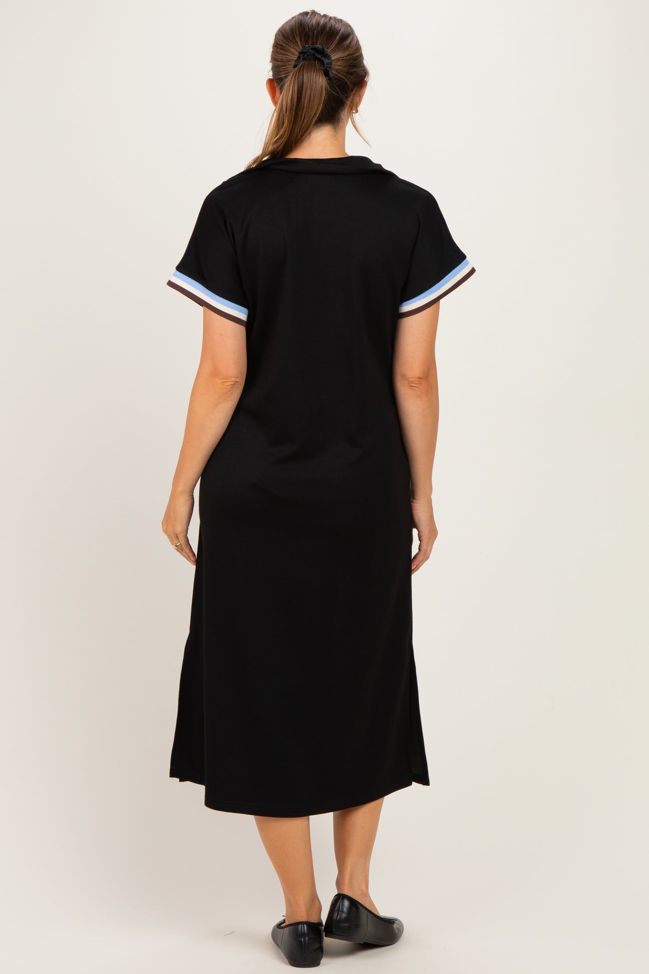 Black Color Rib Band Trim Side Slit Maternity Midi Dress
