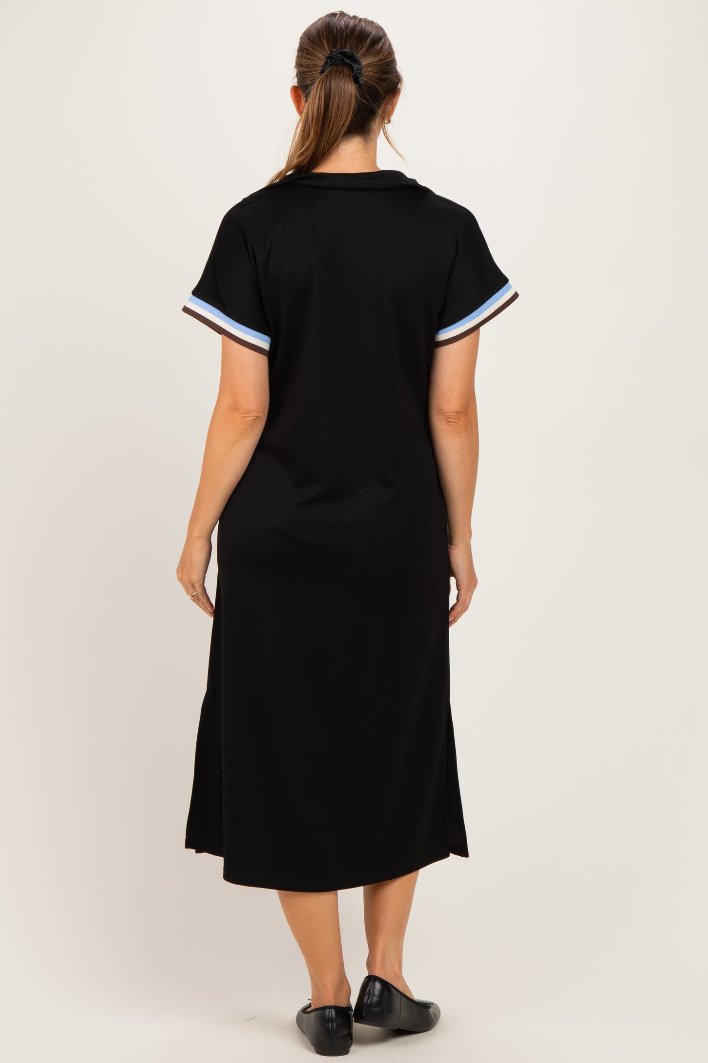 Black Color Rib Band Trim Side Slit Maternity Midi Dress