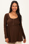 Brown Scoop Neck Button Front Long Sleeve Babydoll Maternity Top