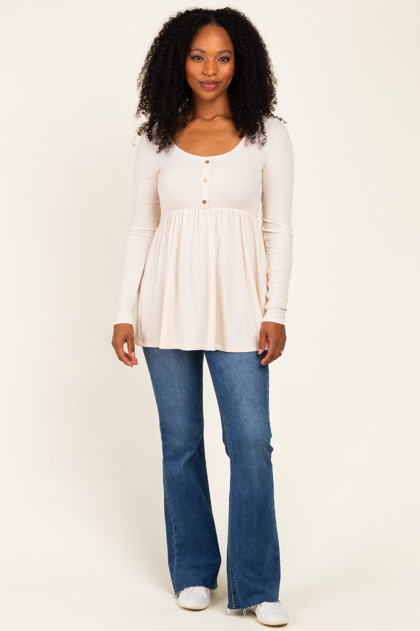 Cream Scoop Neck Button Front Long Sleeve Babydoll Maternity Top