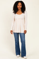 Cream Scoop Neck Button Front Long Sleeve Babydoll Maternity Top
