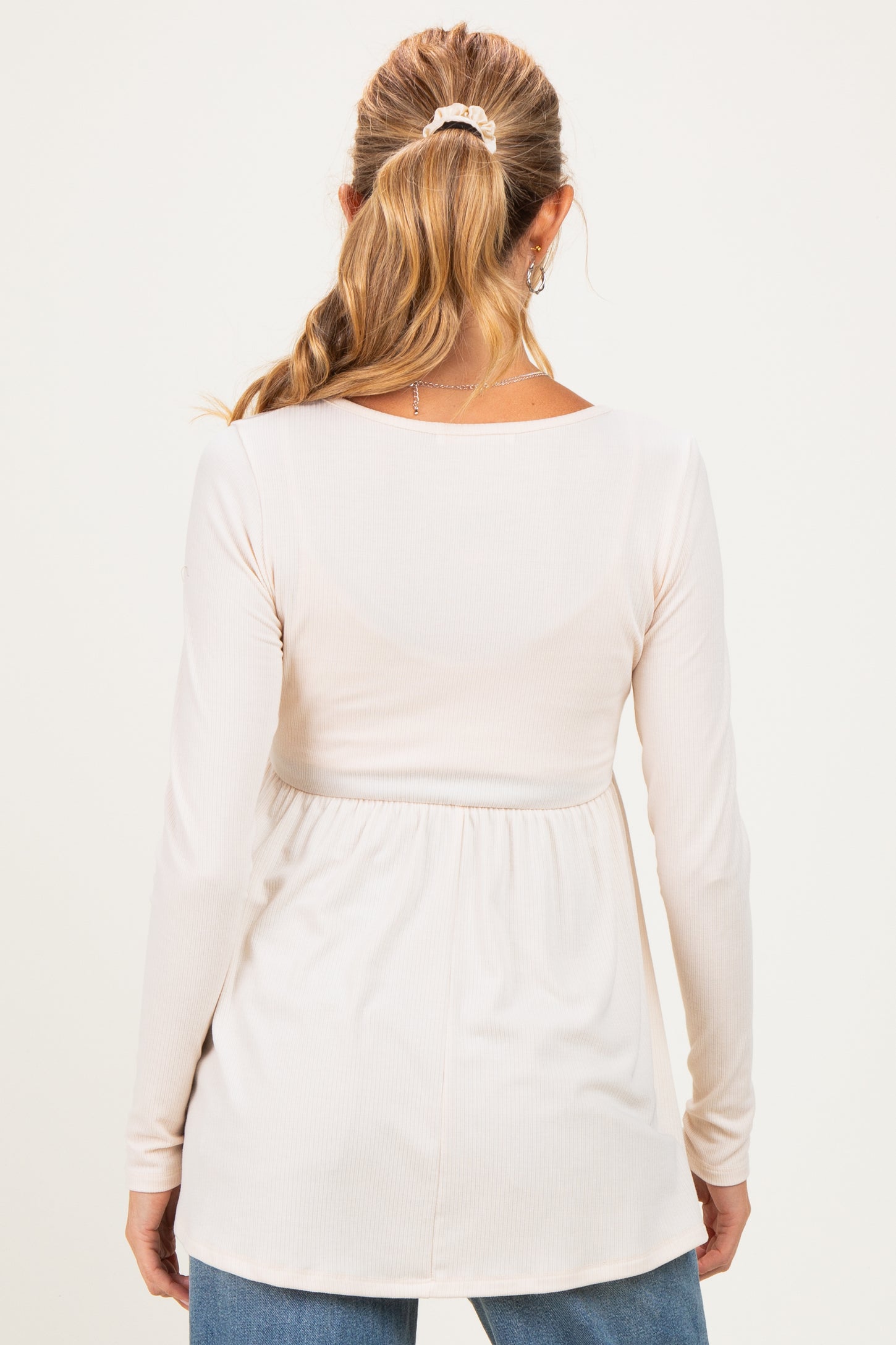 Cream Scoop Neck Button Front Long Sleeve Babydoll Maternity Top
