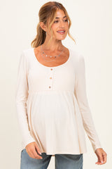 Cream Scoop Neck Button Front Long Sleeve Babydoll Maternity Top