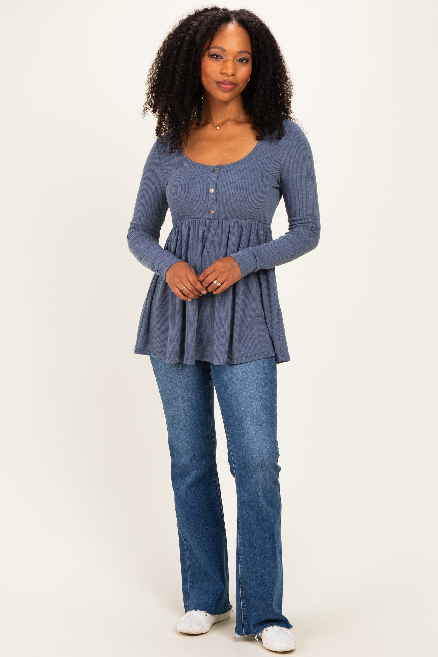 Blue Scoop Neck Button Front Long Sleeve Babydoll Top