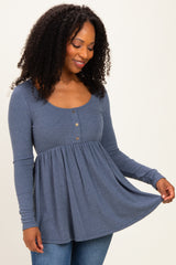 Blue Scoop Neck Button Front Long Sleeve Babydoll Maternity Top