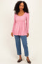 Mauve Scoop Neck Button Front Long Sleeve Babydoll Top