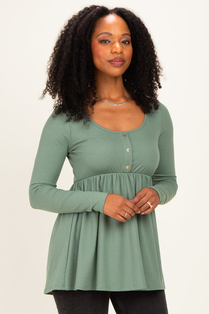 Sage Scoop Neck Button Front Long Sleeve Babydoll Maternity Top