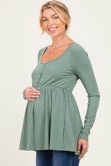 Sage Scoop Neck Button Front Long Sleeve Babydoll Maternity Top