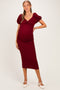Burgundy Knit Twisted Bust Short Sleeve Maternity Midi Dress