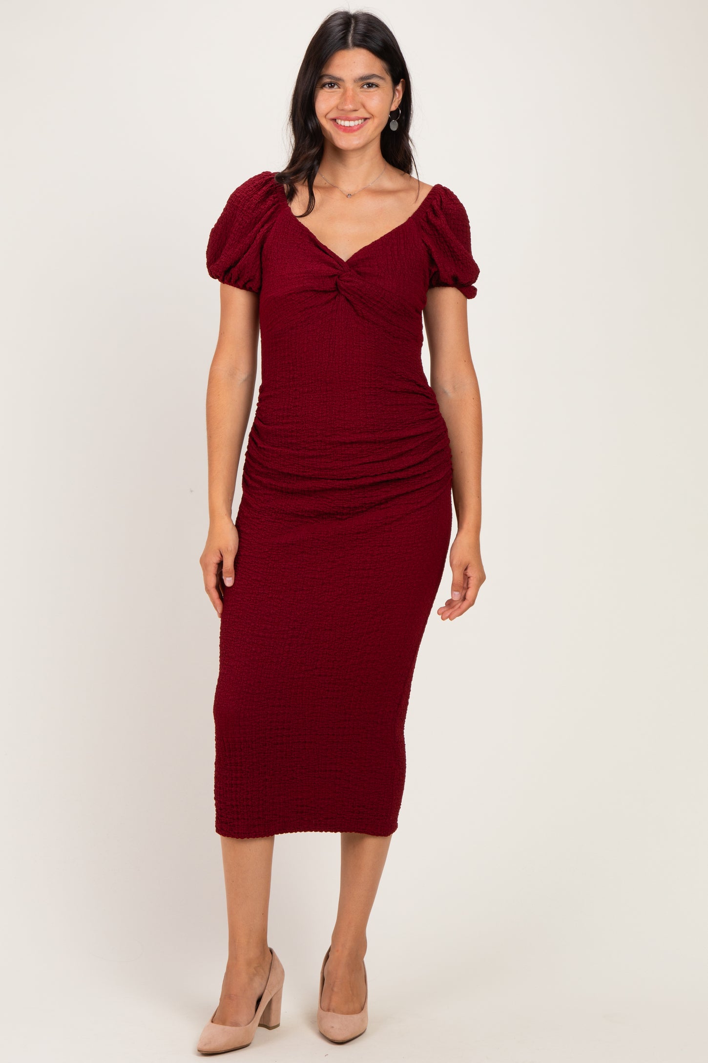 Burgundy Knit Twisted Bust Short Sleeve Maternity Midi Dress