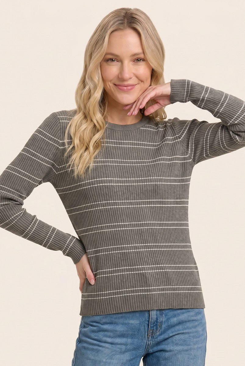 Olive Ribbed Basic Striped Fitted Sweater
