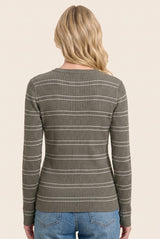 Olive Ribbed Basic Striped Fitted Sweater