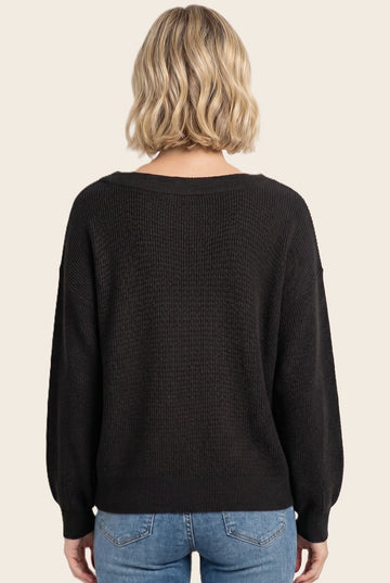 Black Balloon Sleeve Boat Neck Sweater