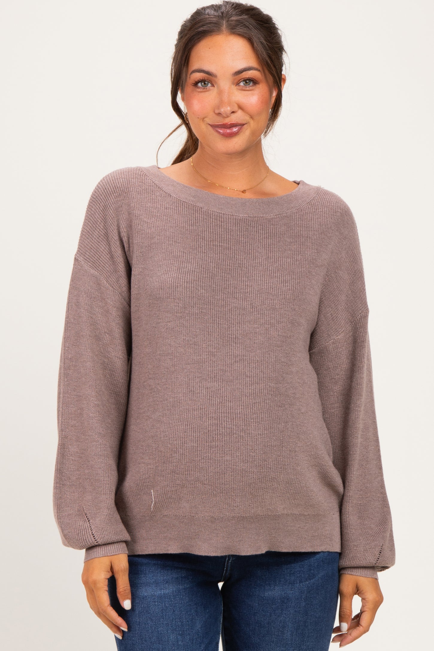 Mocha Balloon Sleeve Boat Neck Maternity Sweater