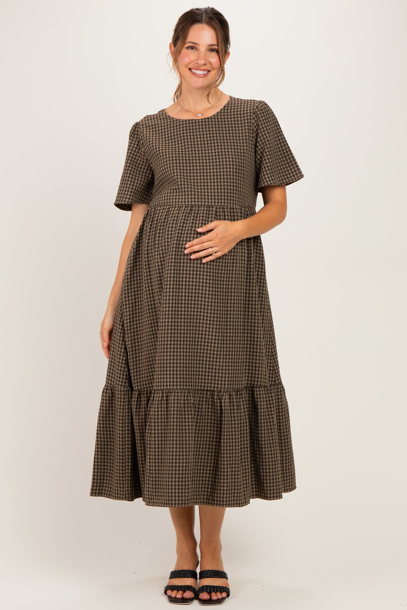 Brown Gingham Short Sleeve Maternity Midi Dress