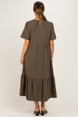 Brown Gingham Short Sleeve Maternity Midi Dress
