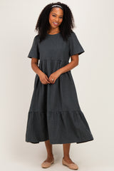 Charcoal Gingham Short Sleeve Midi Dress