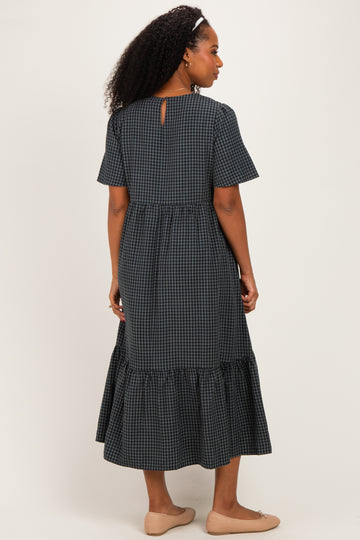 Charcoal Gingham Short Sleeve Midi Dress