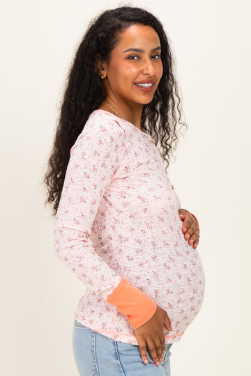 Soft Pink Floral Ribbed Maternity Henley Top