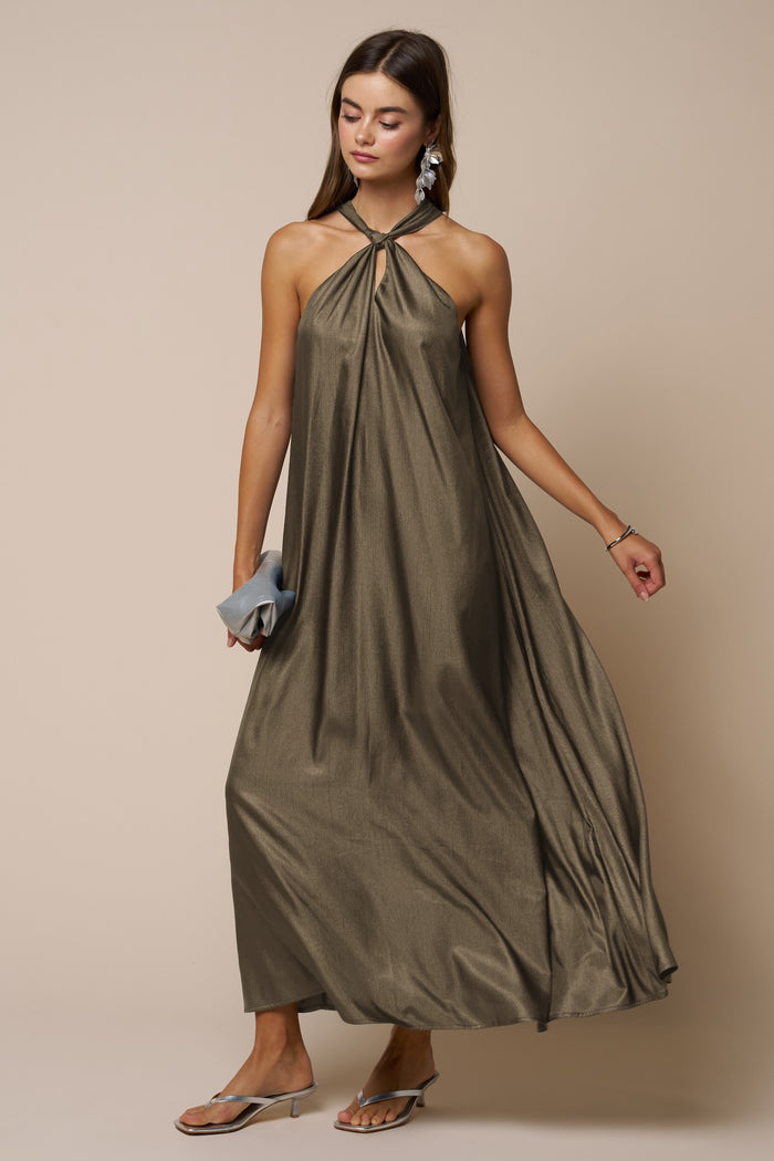 Mushroom Halter Back Bow Tie Maternity Maxi Dress
