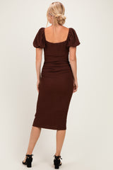Brown Knit Twisted Bust Short Sleeve Midi Dress