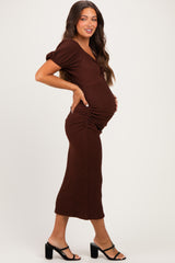 Brown Knit Twisted Bust Short Sleeve Maternity Midi Dress