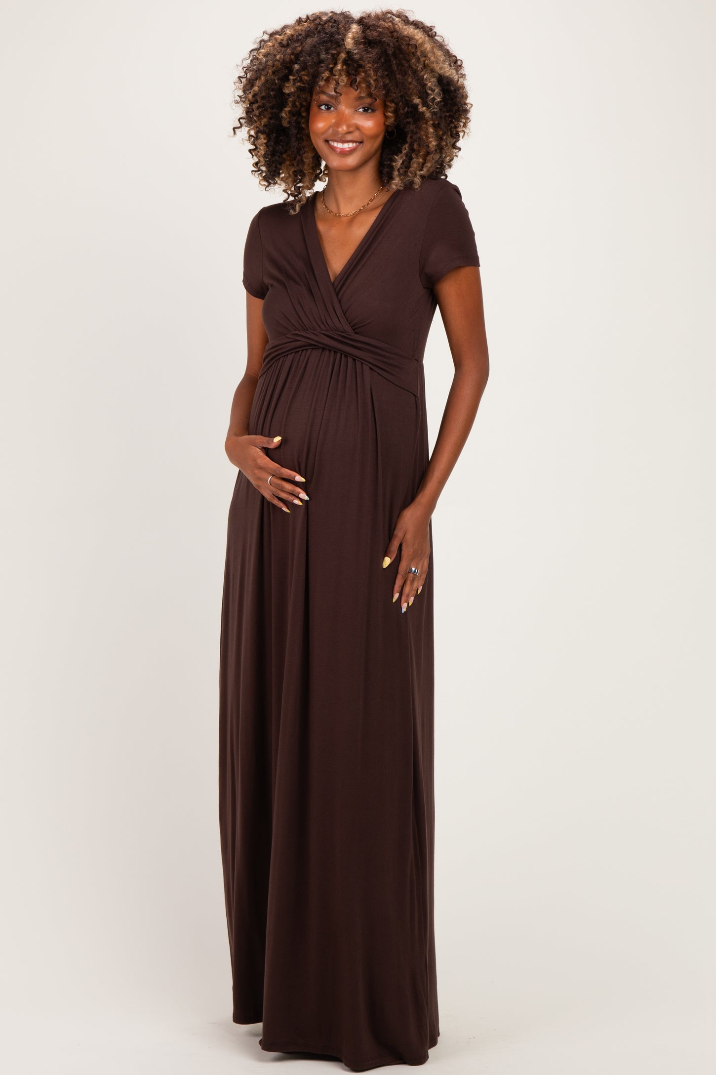 PinkBlush Brown Draped Maternity/Nursing Maxi Dress