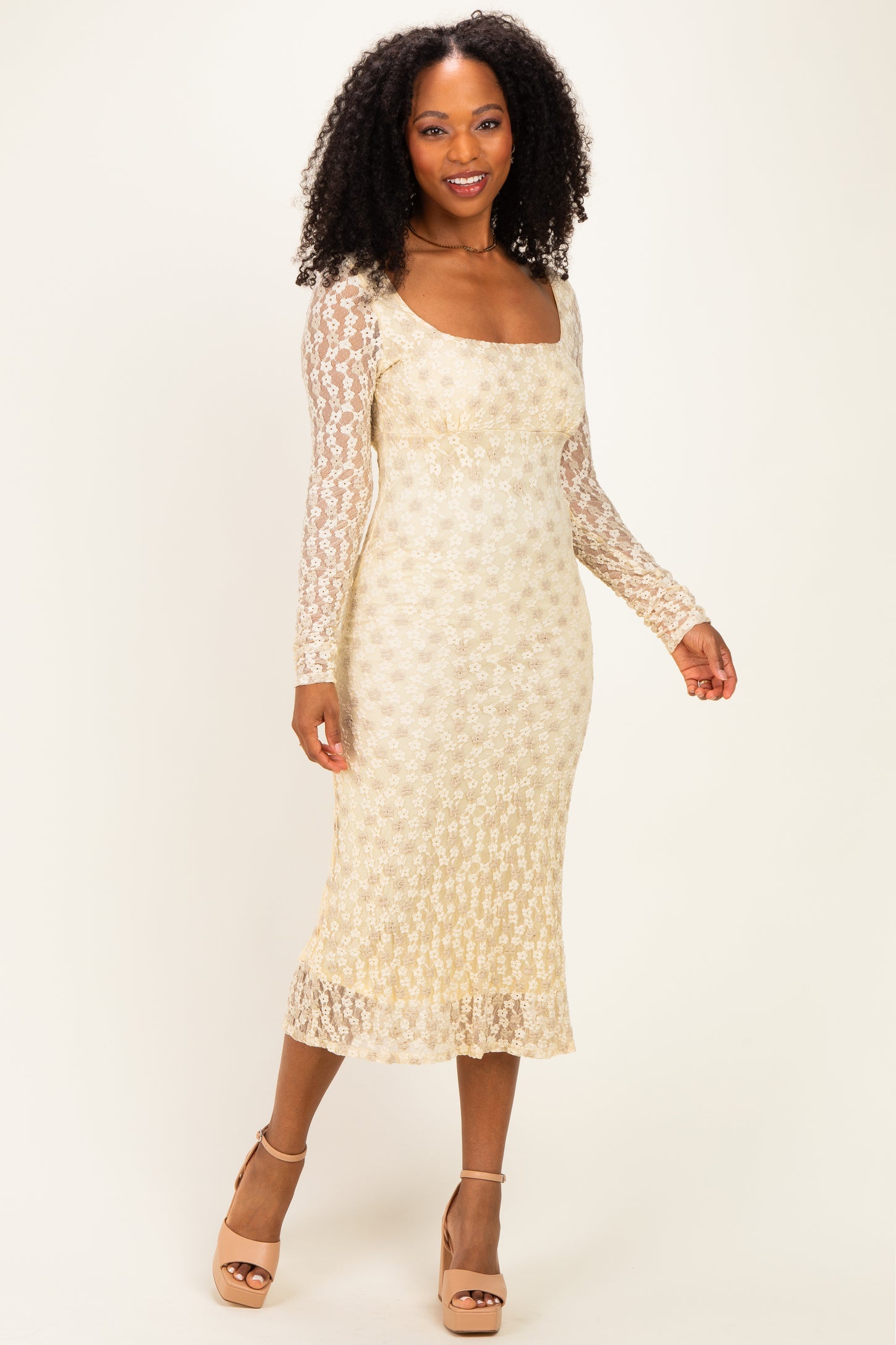 long sleeve midi dress lace L'AGENCE Ralphie In Allure Blue/Ivory and supports LONG SLEEVE MESH LACE MIDI