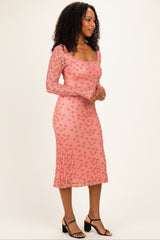 Pink Floral Lace Long Sleeve Square Neck Midi Dress