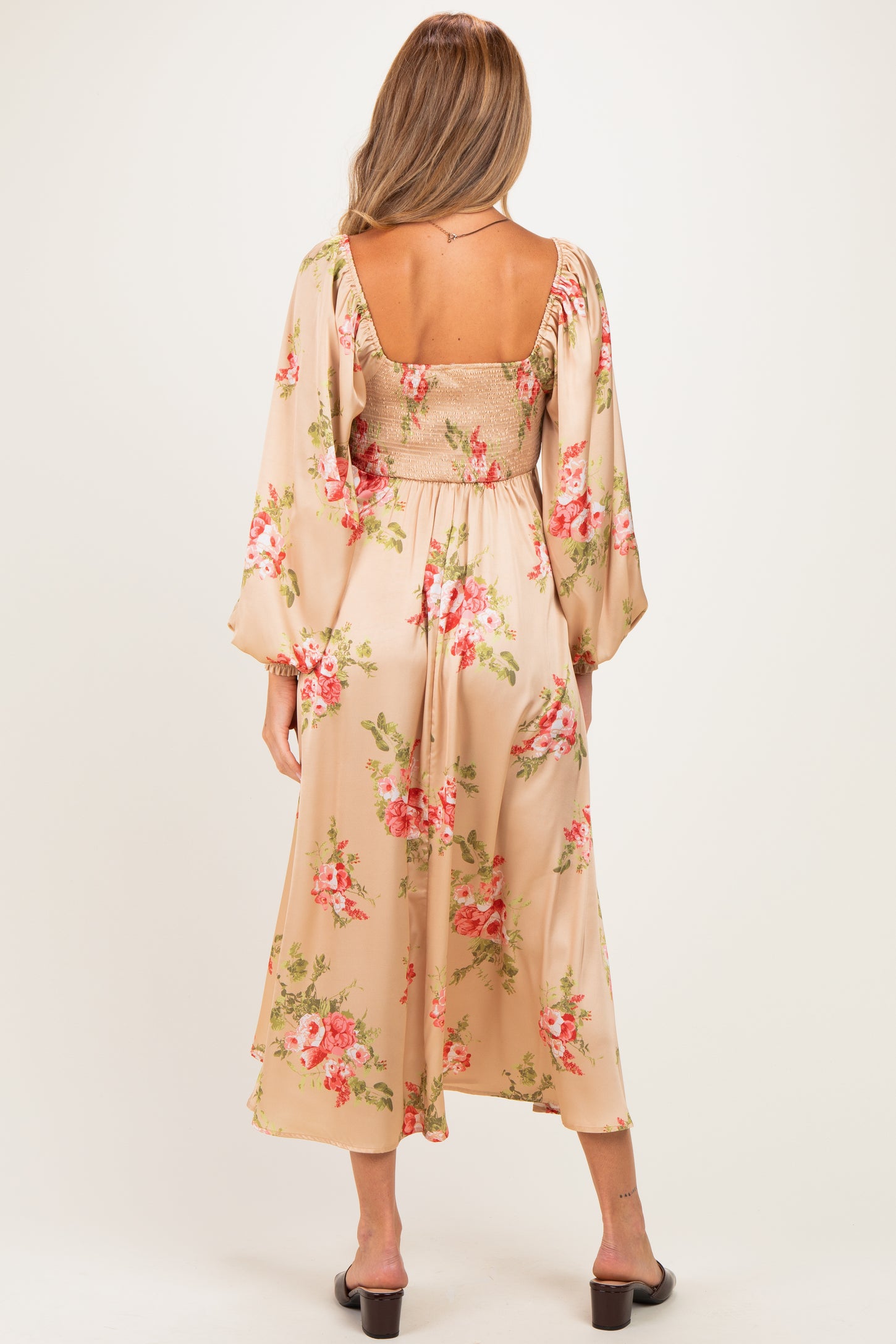 Champagne Floral Button Detail Maternity Midi Dress – PinkBlush