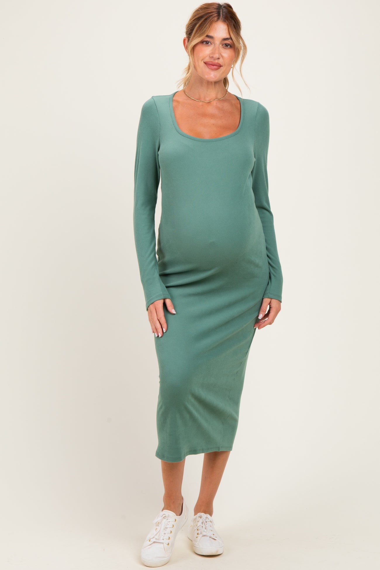Olive Scoop Neck Long Sleeve Maternity Midi Dress