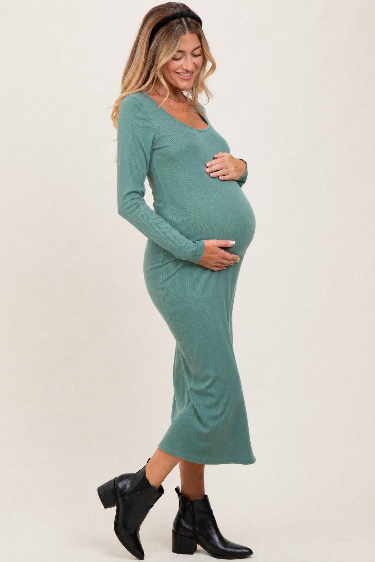 Olive Scoop Neck Long Sleeve Maternity Midi Dress