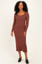 Brown Scoop Neck Long Sleeve Midi Dress