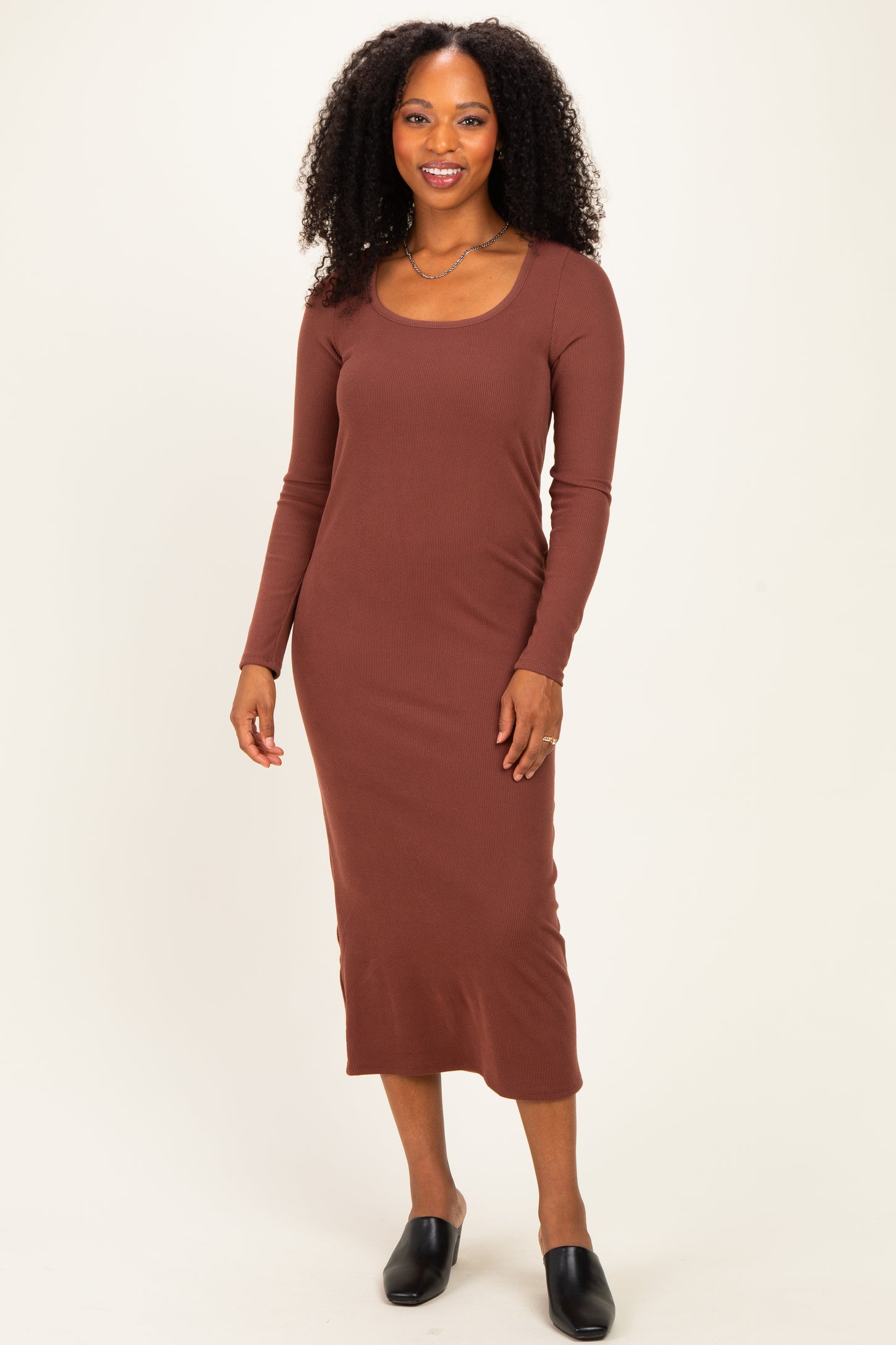 brown long sleeve midi dress Chocolate Ribbed Knit Plunge Neck + Bralette this dress is complemented by blouson sleeves COS Women's Sculpted Long Sleeve