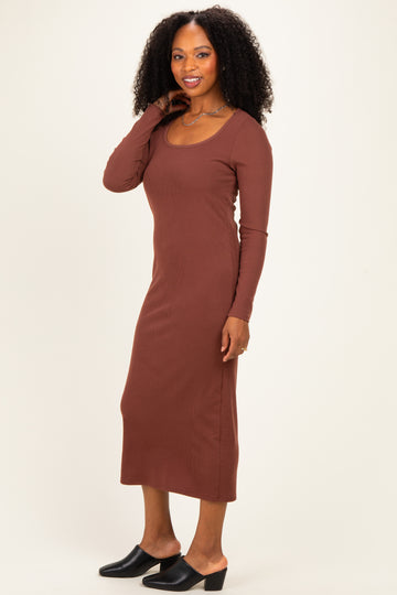 Brown Scoop Neck Long Sleeve Midi Dress