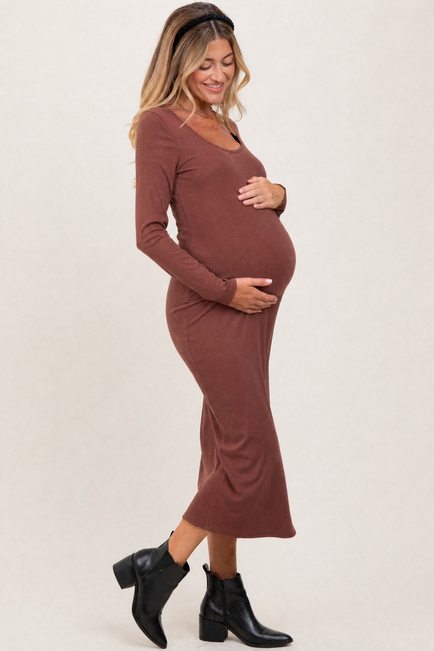 Brown Scoop Neck Long Sleeve Maternity Midi Dress