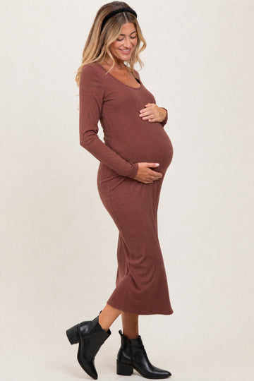 Brown Scoop Neck Long Sleeve Maternity Midi Dress