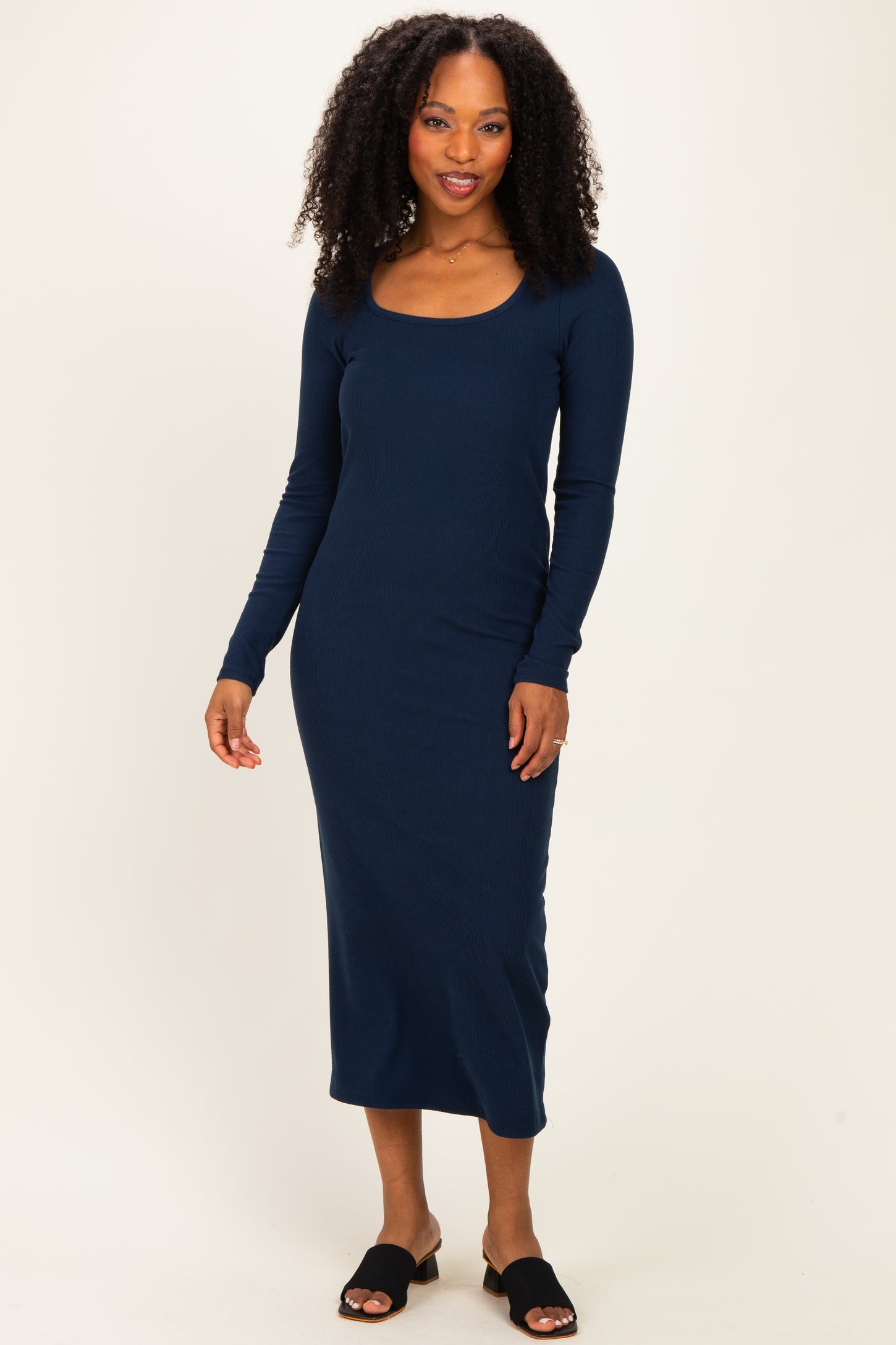 Navy Scoop Neck Long Sleeve Maternity Midi Dress